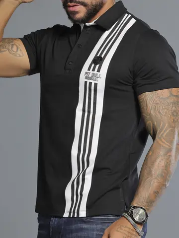 Polo Masculina com Listas Frontais e Estampa Hexagonal Pit Bull Jeans