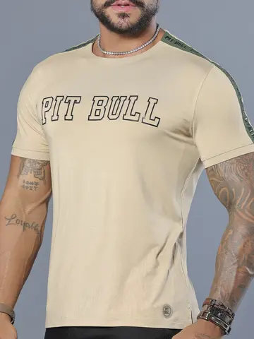 Camiseta Bege Masculina com Estampa em Relevo e Detalhe nos Ombros Pit Bull Jeans