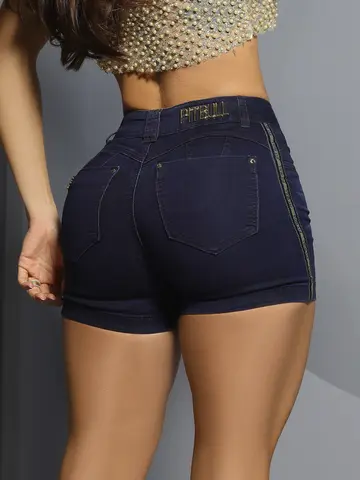 Short Jeans Azul Escuro com Lateral Personalizada e Bojo Removível Pit Bull Jeans