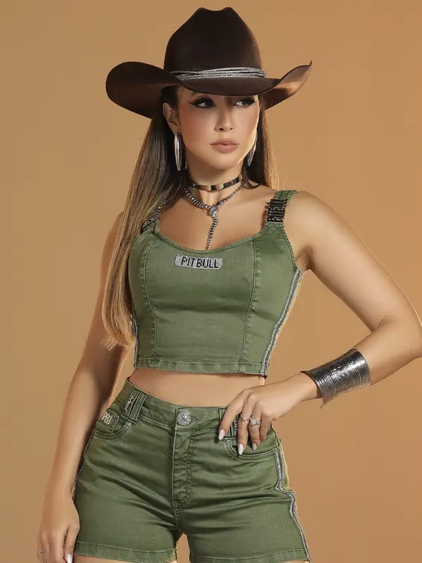 Cropped Feminino Verde Com Bojo Removível E Manta De Strass Pit Bull Jeans