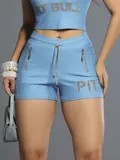 Short Azul Com Strass E Estampa Pit Bull Lateral Pit Bull Jeans