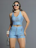 Short Azul Com Strass E Estampa Pit Bull Lateral Pit Bull Jeans