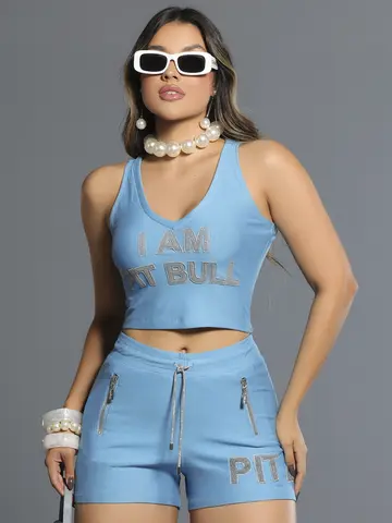 Regata Cropped Azul Com Estampa Glitter Pit Bull Jeans