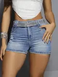 Short Jeans Azul Com Cintura Alta Desfiado E Cinto De Brilho Pit Bull Jeans