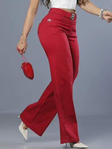 Calça Wide Leg Vermelha Com Cinto E Botões Personalizados Pit Bull Jeans