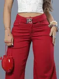 Calça Wide Leg Vermelha Com Cinto E Botões Personalizados Pit Bull Jeans