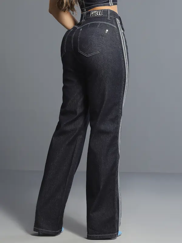 Calça Wide Leg Jeans Escuro com Detalhes Únicos Pit Bull Jeans