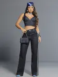Calça Wide Leg Jeans Escuro com Detalhes Únicos Pit Bull Jeans