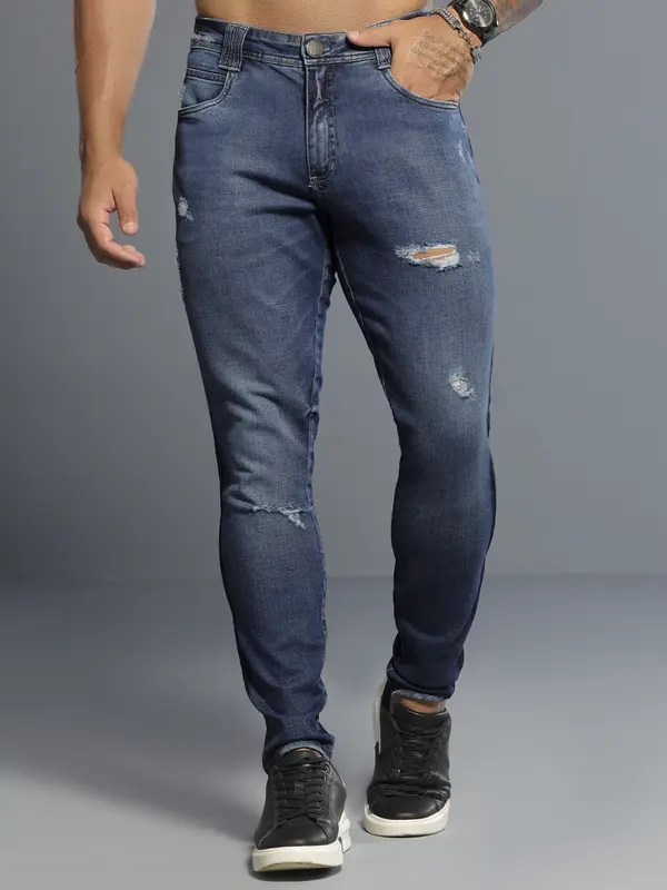 Calça Masculina Azul Marinho Com Puídos E Patch Pit Bull Jeans