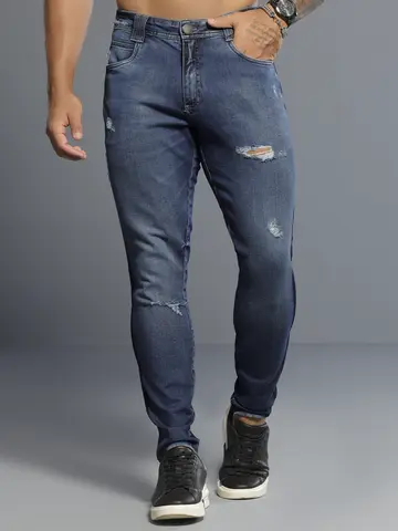 Calça Masculina Azul Marinho Com Puídos E Patch Pit Bull Jeans