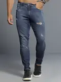 Calça Masculina Azul Marinho Com Puídos E Patch Pit Bull Jeans