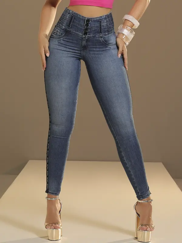 Calça Skinny Cós Largo com Modelagem Ajustada e Detalhe Lateral Pit Bull Jeans