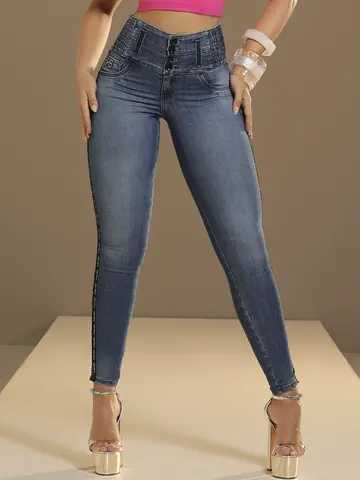 Calça Skinny Cós Largo com Modelagem Ajustada e Detalhe Lateral Pit Bull Jeans