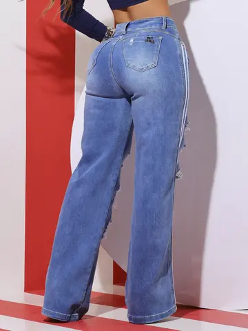 Calça Wide Leg Estilosa com Toque Destroyed e Lateral Personalizada Pit Bull Jeans