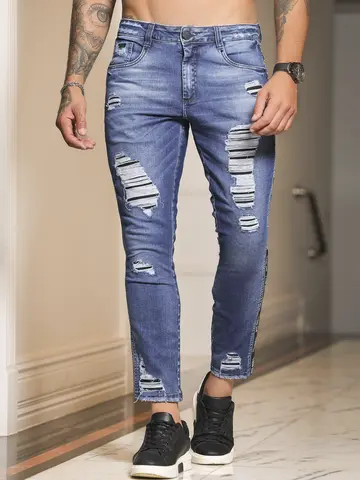 Calça Masculina Estilosa com Efeito Destroyed e Elástico Lateral Pit Bull Jeans