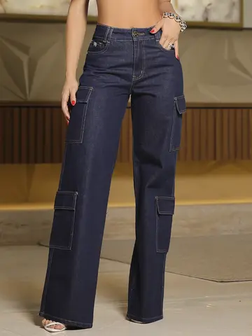 Calça Wide Leg Cargo Sofisticada e Confortável Pit Bull Jeans