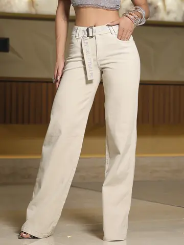 Calça Wide Leg Collor Sofisticada e Elegante com Cinto Personalizado Pit Bull Jeans