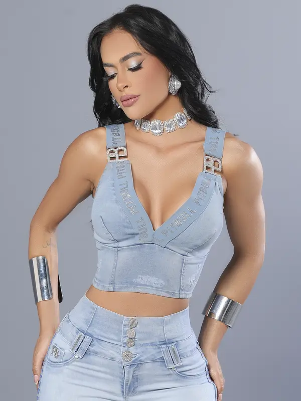 Cropped Jeans Estiloso e Sofisticado com Elástico Personalizado Pit Bull Jeans