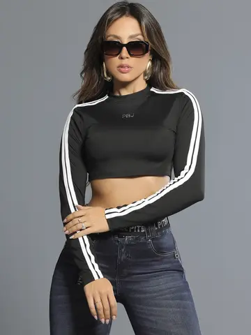 Cropped Manga Longa Preto Sofisticado com Lateral Personalizada Pit Bull Jeans