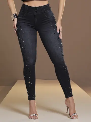 Calça Skinny Cós Largo Pit Bull Jeans Estilosa com Strass e Detalhes Laterais