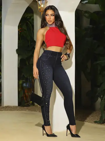 Calça Skinny Cós Largo Pit Bull Jeans Estilosa com Strass e Detalhes Laterais