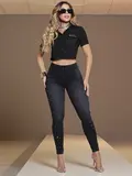 Calça Skinny Cós Largo Pit Bull Jeans Estilosa com Strass e Detalhes Laterais