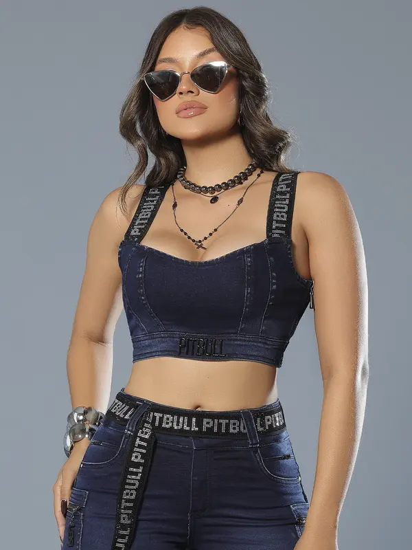 Cropped Jeans Escuro Sofisticado com Alças Personalizadas Pit Bull Jeans