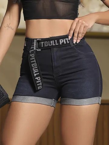 Short Hot Pants Modelador com Lavado Escuro e Cinto Personalizado Pit Bull Jeans