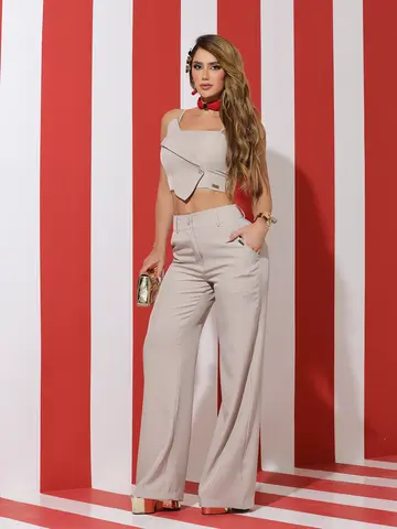 Conjunto Calça Wide Leg e Cropped Elegante e Sofisticado Empório Pit Bull