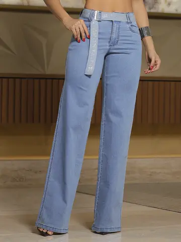 Calça Wide Leg Casual com Caimento Sofisticado e Cinto Personalizado Pit Bull Jeans