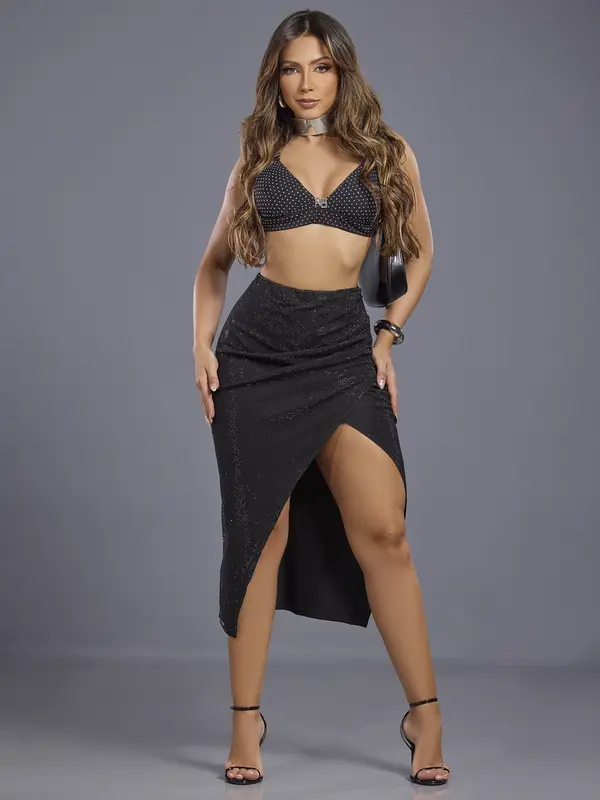 Saia Midi Sexy Conceito com Fenda Pit Bull Jeans Luxo