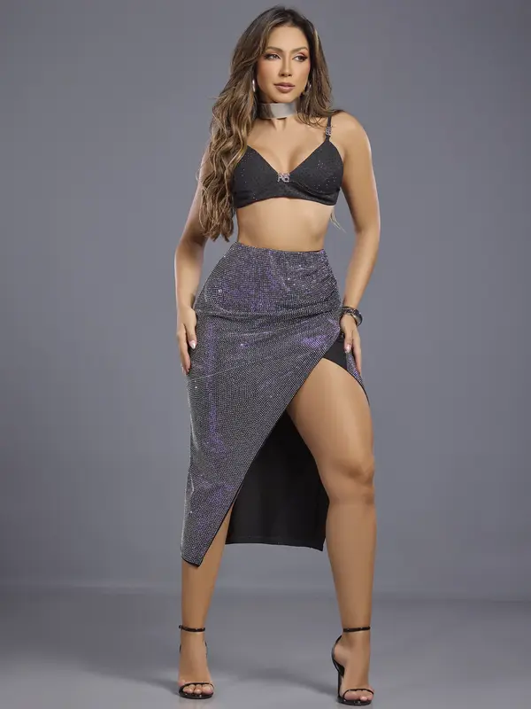 Saia Midi Sexy Conceito com Fenda Pit Bull Jeans Luxo