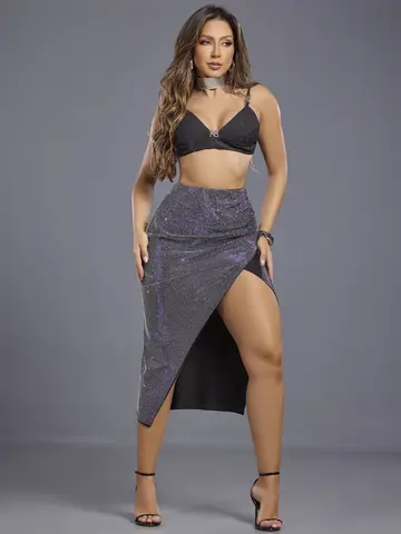 Saia Midi Sexy Conceito com Fenda Pit Bull Jeans Luxo