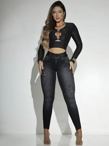 Calça Feminina Skinny com Destroyed Estilosa Empina Bumbum