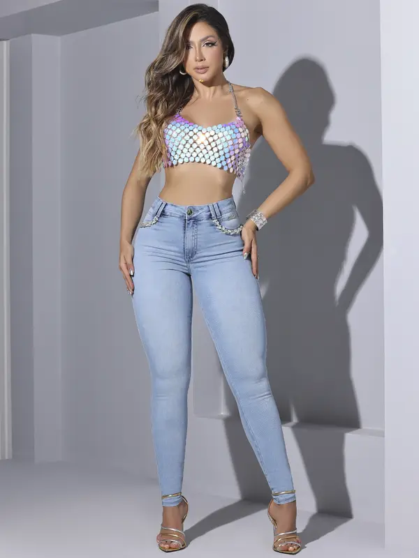 CALÇA FEMININA PIT BULL JEANS MODELADORA COM APLICAÇÕES BRILHANTES