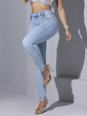 CALÇA FEMININA PIT BULL JEANS MODELADORA COM APLICAÇÕES BRILHANTES
