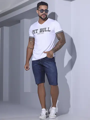 Camiseta Masculina Gola V Casual com Escrita Pit Bull Jeans Luxo