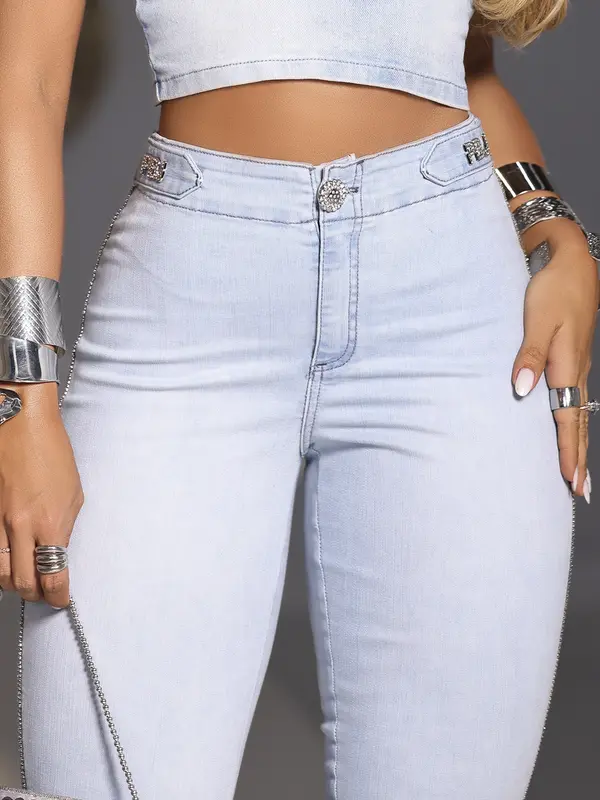 CALÇA FEMININA CLOCHARD PIT BULL JEANS STRASS LATERAL BRILHANTE
