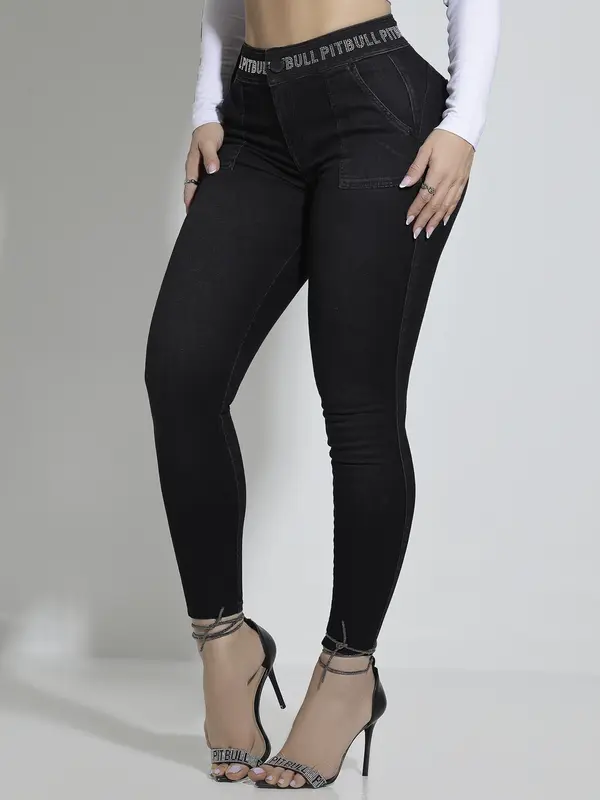 Calça Feminina Jeans Black Skinny Pit Bull Cintura Alta Personalizada