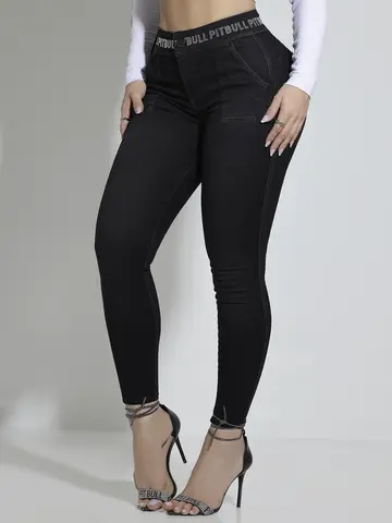 Calça Feminina Jeans Black Skinny Pit Bull Cintura Alta Personalizada