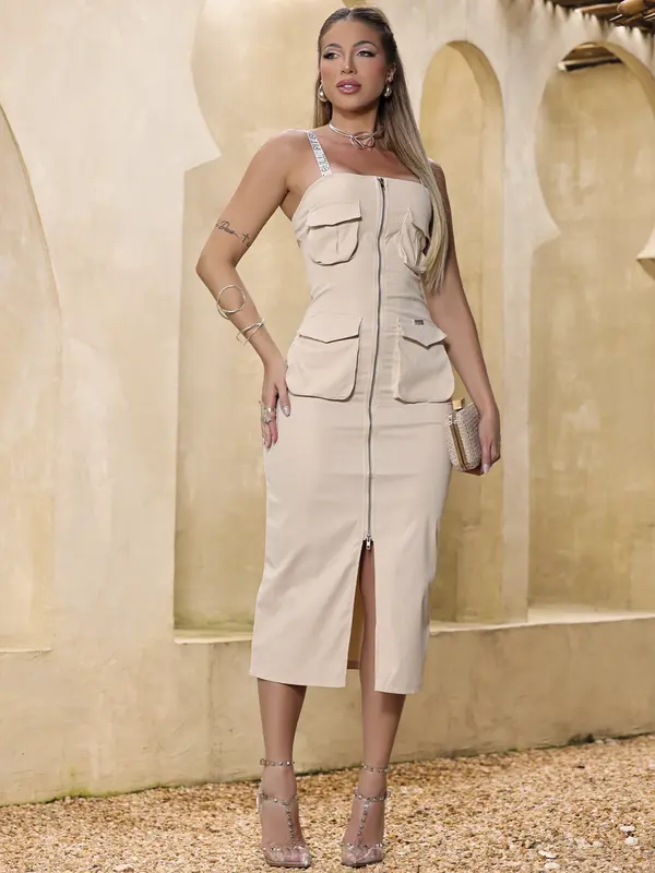 VESTIDO MIDI FEMININO CLÁSSICO EMPÓRIO PIT BULL COM ZÍPER E BOLSOS