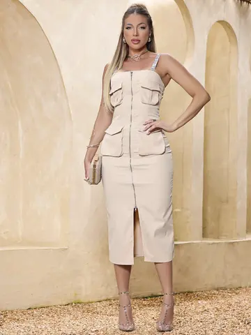 VESTIDO MIDI FEMININO CLÁSSICO EMPÓRIO PIT BULL COM ZÍPER E BOLSOS