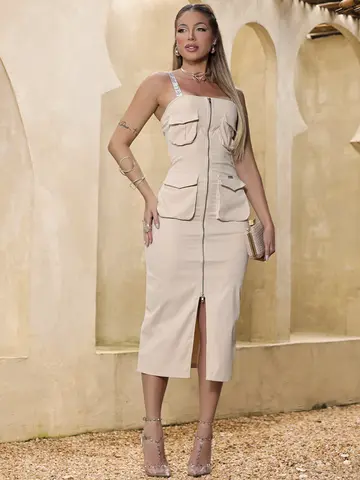 VESTIDO MIDI FEMININO CLÁSSICO EMPÓRIO PIT BULL COM ZÍPER E BOLSOS