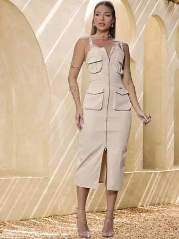 VESTIDO MIDI FEMININO CLÁSSICO EMPÓRIO PIT BULL COM ZÍPER E BOLSOS