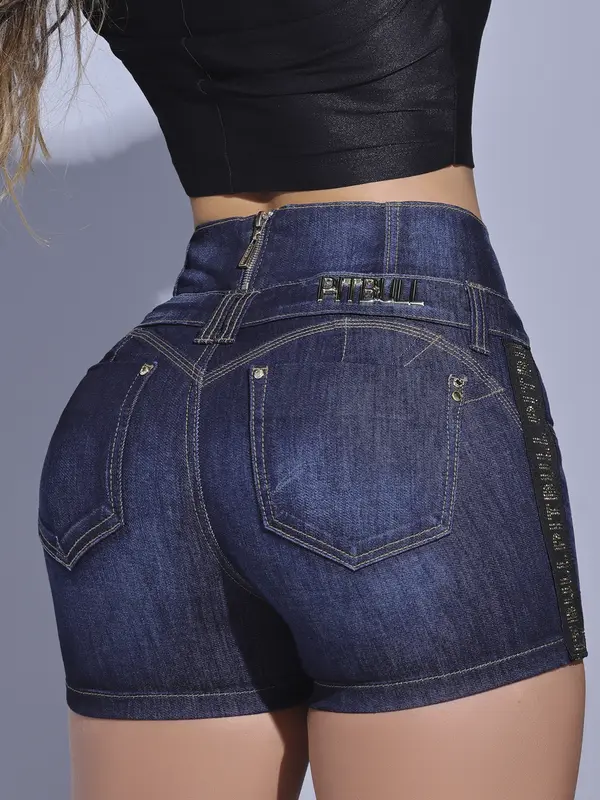 Short Feminino Pit Bull Jeans com Strass Dourado e Cós Alto Elegante