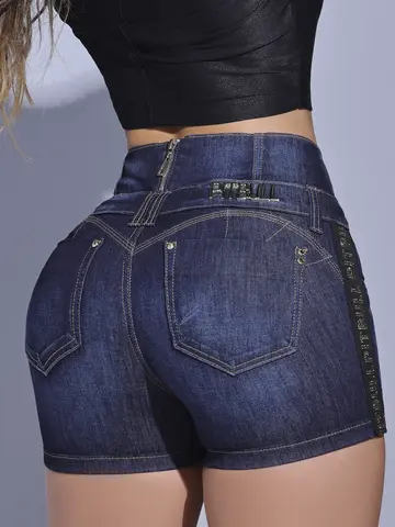 Short Feminino Pit Bull Jeans com Strass Dourado e Cós Alto Elegante