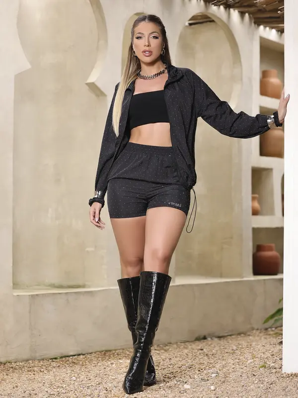 CONJUNTO FEMININO JAQUETA E SHORT FASHION ESTILOSO COM BRILHOS PIT BULL