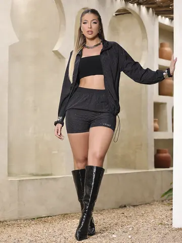 CONJUNTO FEMININO JAQUETA E SHORT FASHION ESTILOSO COM BRILHOS PIT BULL