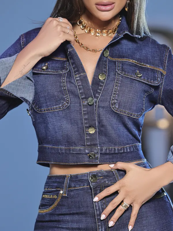 Jaqueta Jeans Cropped Moderna e Versátil com Botões Dourados Pit Bull