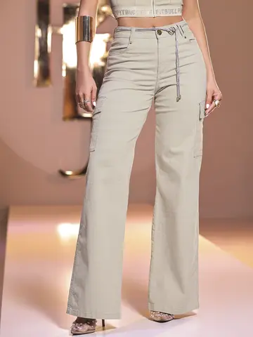 CALÇA FEMININA WIDE LEG CARGO PIT BULL JEANS VERSÁTIL E ELEGANTE